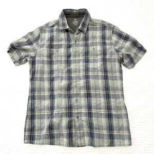 Kuhl Men’s Short Sleeve Button Blue Green Plaid Shirt Linen Cotton M Gorpcore